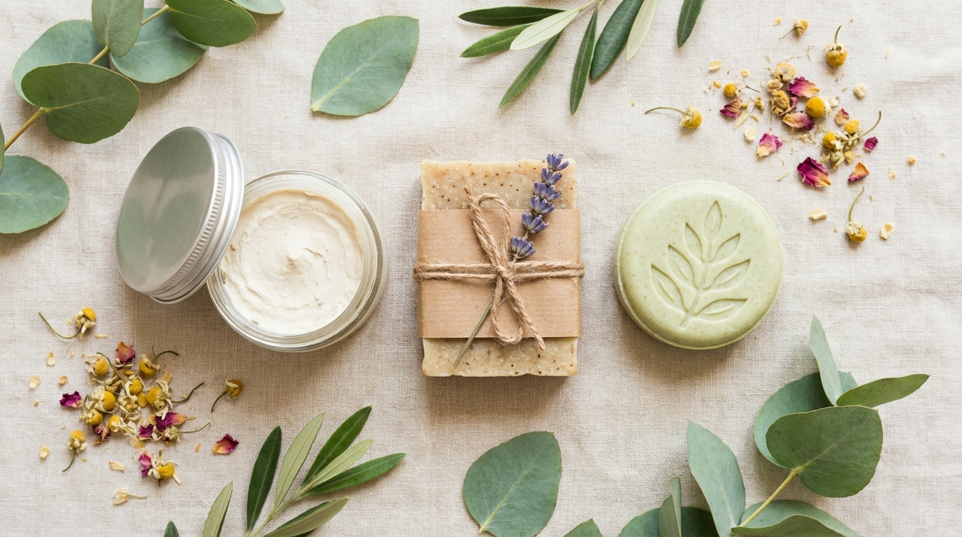 Natürliche vegane Kosmetik: Deocreme im Glas, feste Seife und festes Shampoo mit grünen Blättern