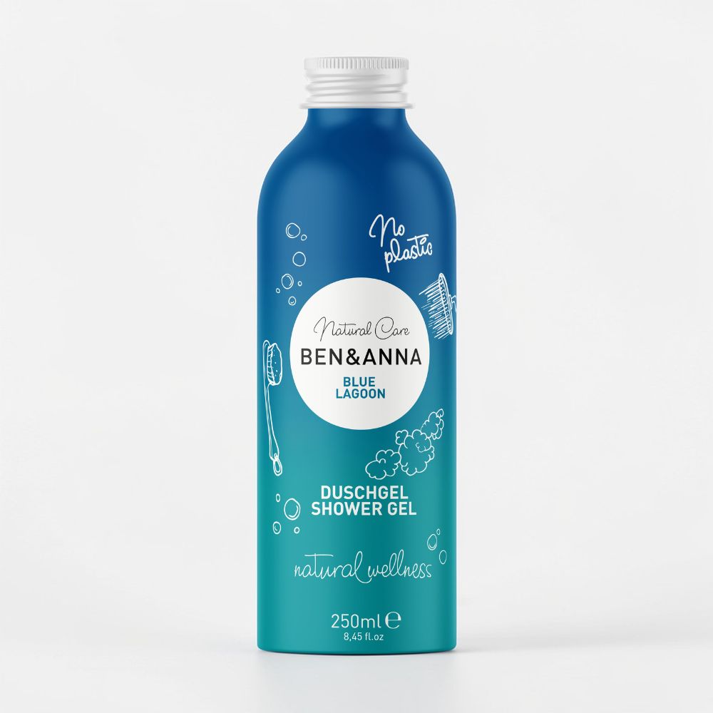 Ben&Anna Duschgel Blue Lagoon, flüssiges Duschgel mit frischem, blumigem Duft, sichtbar in einer transparenten Flasche.