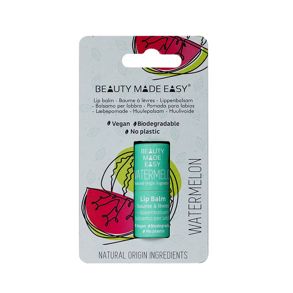 Beauty Made Easy Wassermelone Lippenbalsam in Papierhülse, feuchtigkeitsspendend und pflegend, natürliche Lippenpflege.