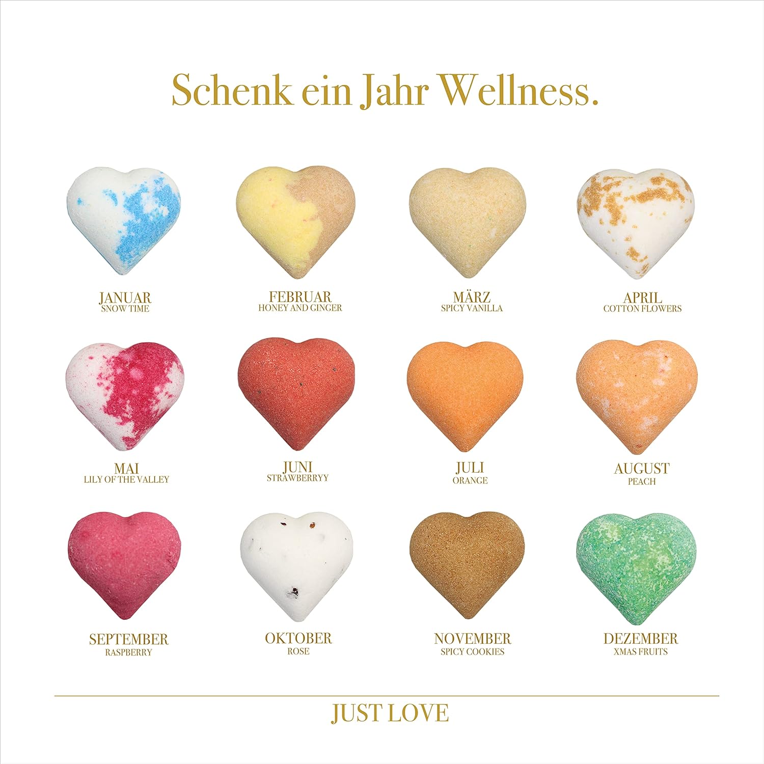 Badebomben Set in Herzform von JUST LOVE®, 12 bunte Badebomben für entspannendes Badvergnügen