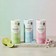 Drei Sensitiv-Deo-Roller von BEN&ANNA in Papptube, hautfreundliche Deodorant-Set für empfindliche Haut, zeigt die Produkte nebeneinander.