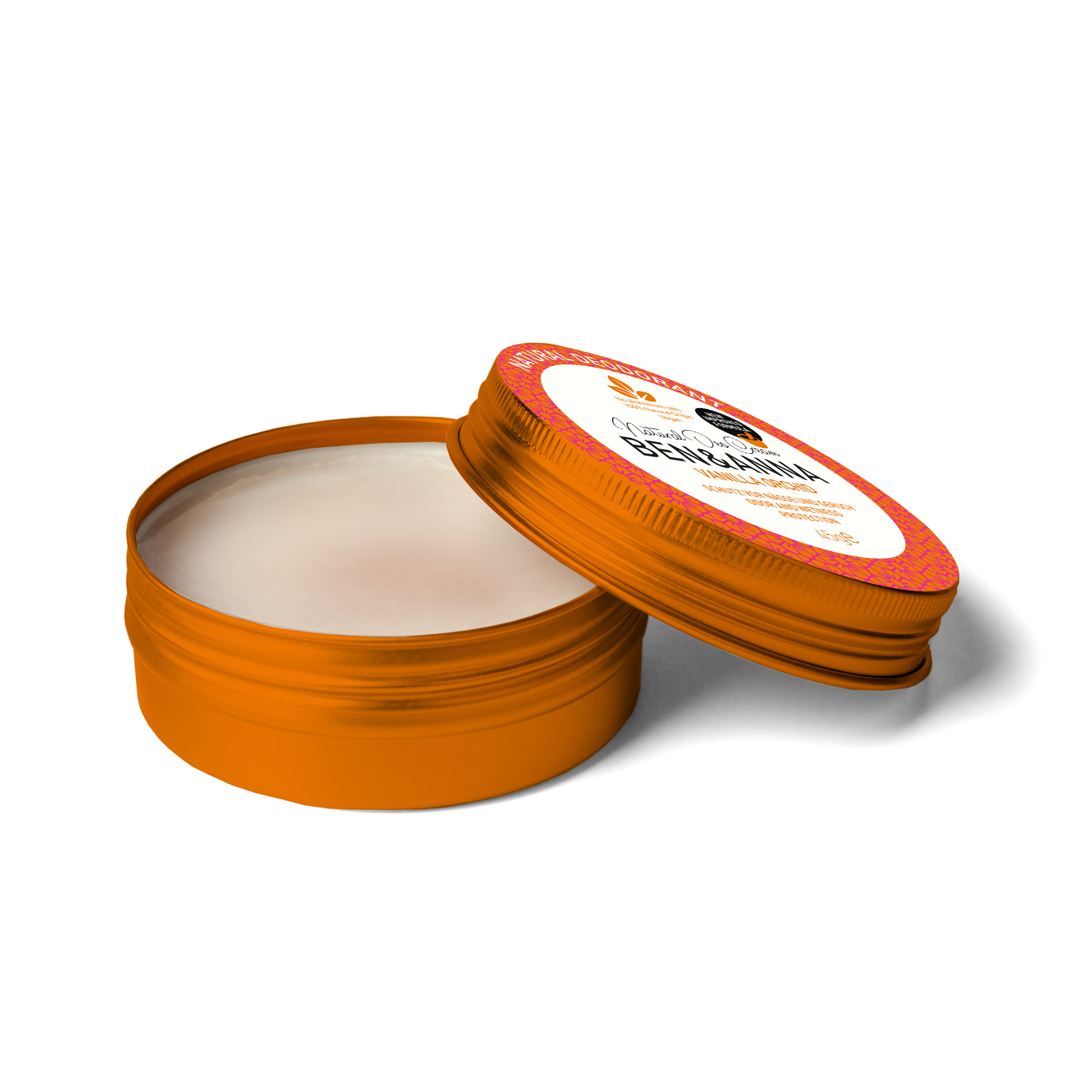 Offene BEN&ANNA Deocreme Vanilla Orchid in 45g Dose, cremige Textur mit Vanille- und Orchideen-Duft