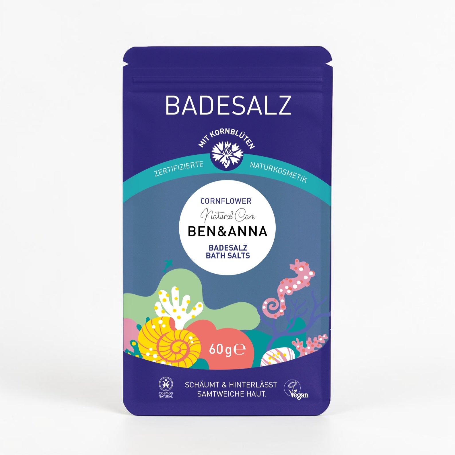 Badesalz Kornblume von BEN&ANNA, Probiergröße 60g, blauer Kornblumen-Duft mit entspannender Wirkung, in transparentem Behälter