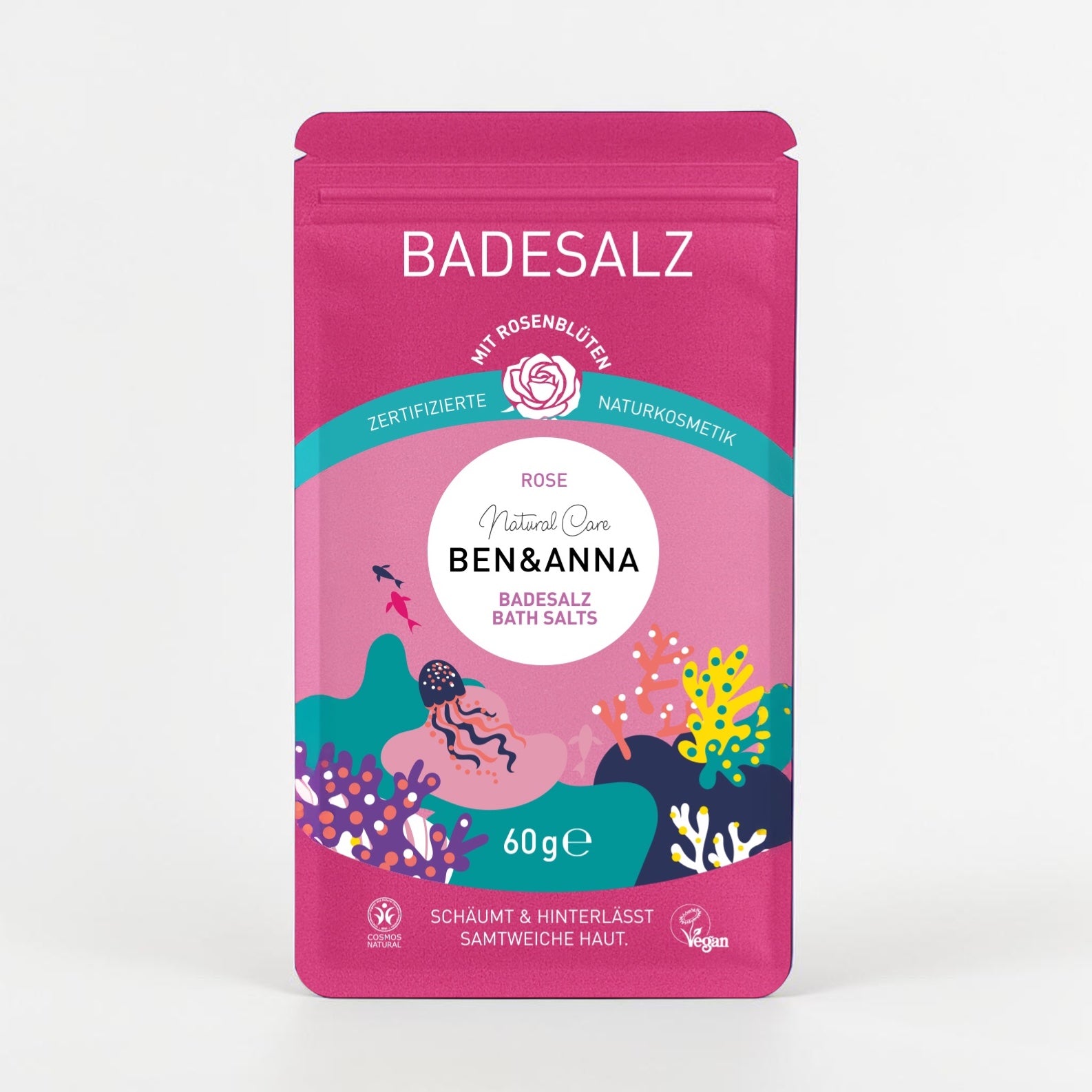 Badesalz Rose von BEN&ANNA, Probiergröße 60g, mit rosa Blüten und entspannendem Duft für ein wohltuendes Badeerlebnis