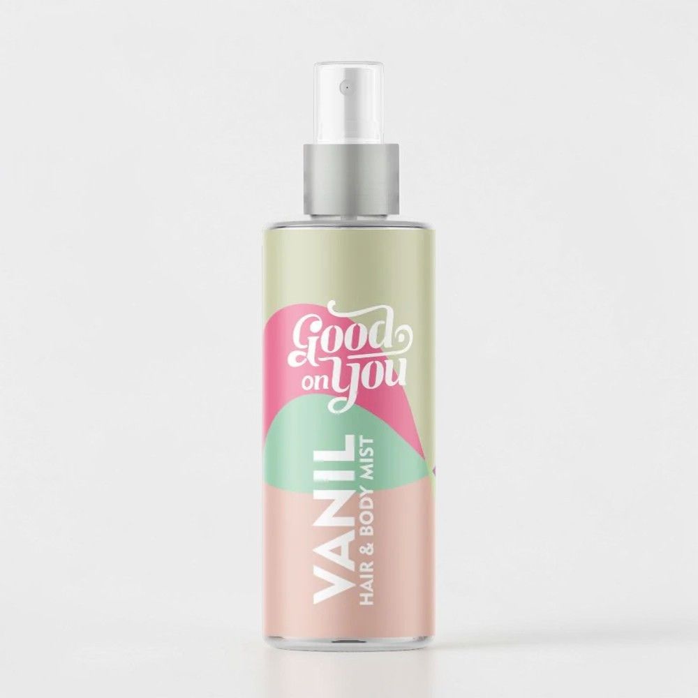 Vanil Hair & Body Mist von Good on you, sprayflasche mit Vanilleduft für Haare und Körper, transparente Flasche mit weißem Deckel