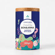 Badesalz mit Kornblumenblüten von BEN&ANNA, entspannendes Badezusatz mit blumigem Duft und blauer Kornblume auf Verpackung