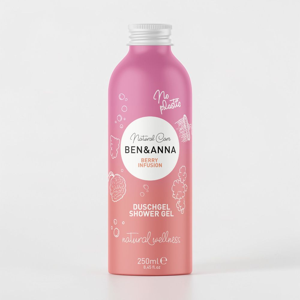 Duschgel Berry Infusion von BEN&ANNA in einer transparenten Flasche mit blumigem Duft und frischen Beeren.