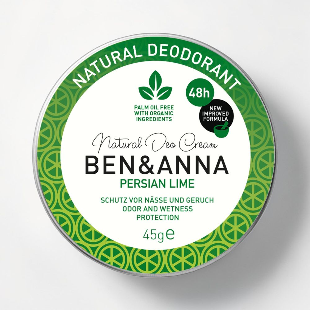 Deocreme von BEN&ANNA mit aromatischem Duft nach Persian Lime, cremige Textur in einer stilvollen Dose sichtbar.