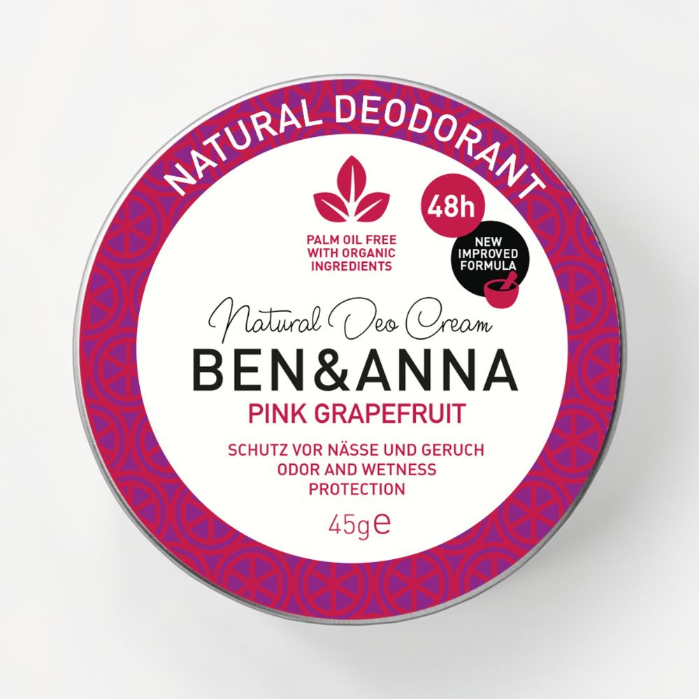 Deocreme von BEN&ANNA mit Pink Grapefruit Duft, cremige Textur in einer weißen Dose, sichtbarer Deckel und Produktbeschreibung