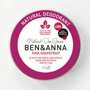 Deocreme von BEN&ANNA mit Pink Grapefruit Duft, cremige Textur in einer weißen Dose, sichtbarer Deckel und Produktbeschreibung