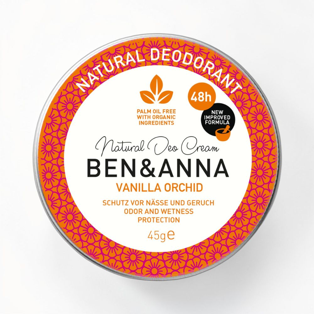 Deocreme von BEN&ANNA mit Vanille-Orchidee-Duft, cremige Textur in einem eleganten Tiegel, für natürlichen Schutz.