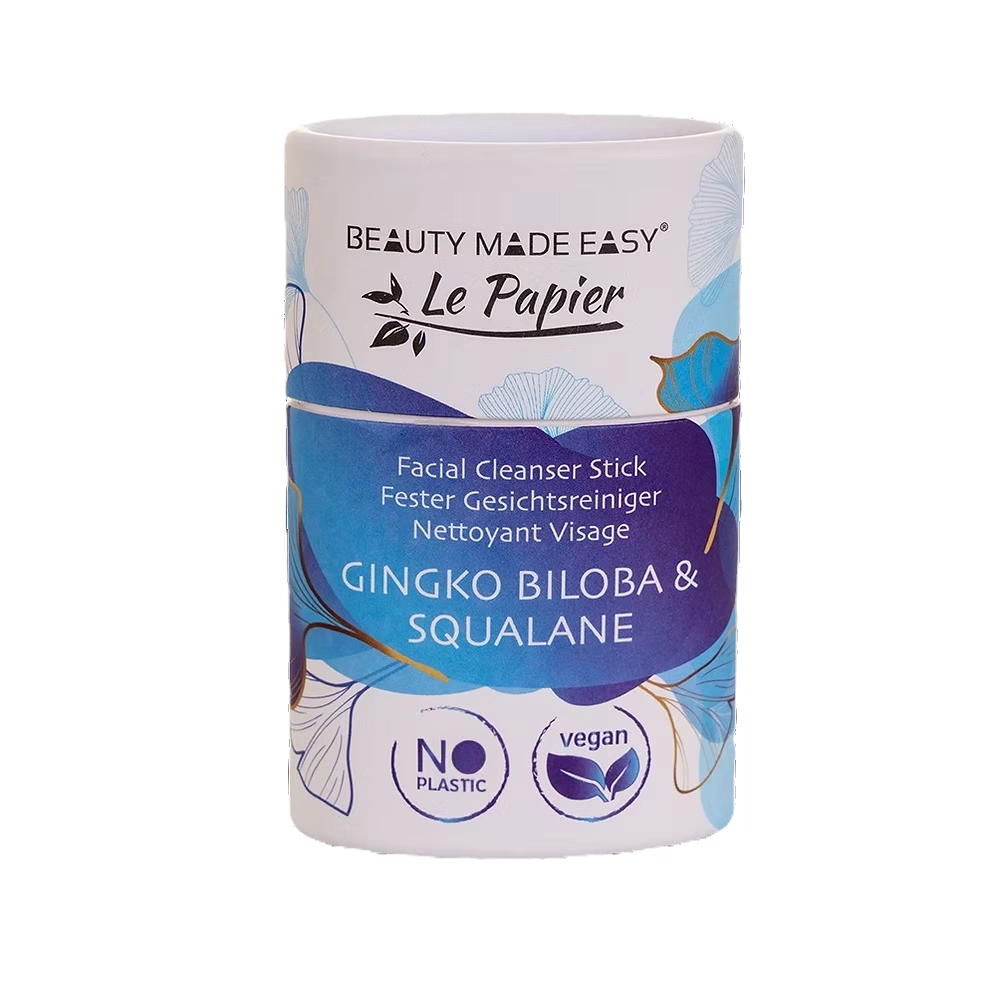 Gesichtsreinigung Papertube von BeautyMadeEasy, natürlicher Gesichtsreiniger-Stick für die Hautpflege, in umweltfreundlicher Verpackung.