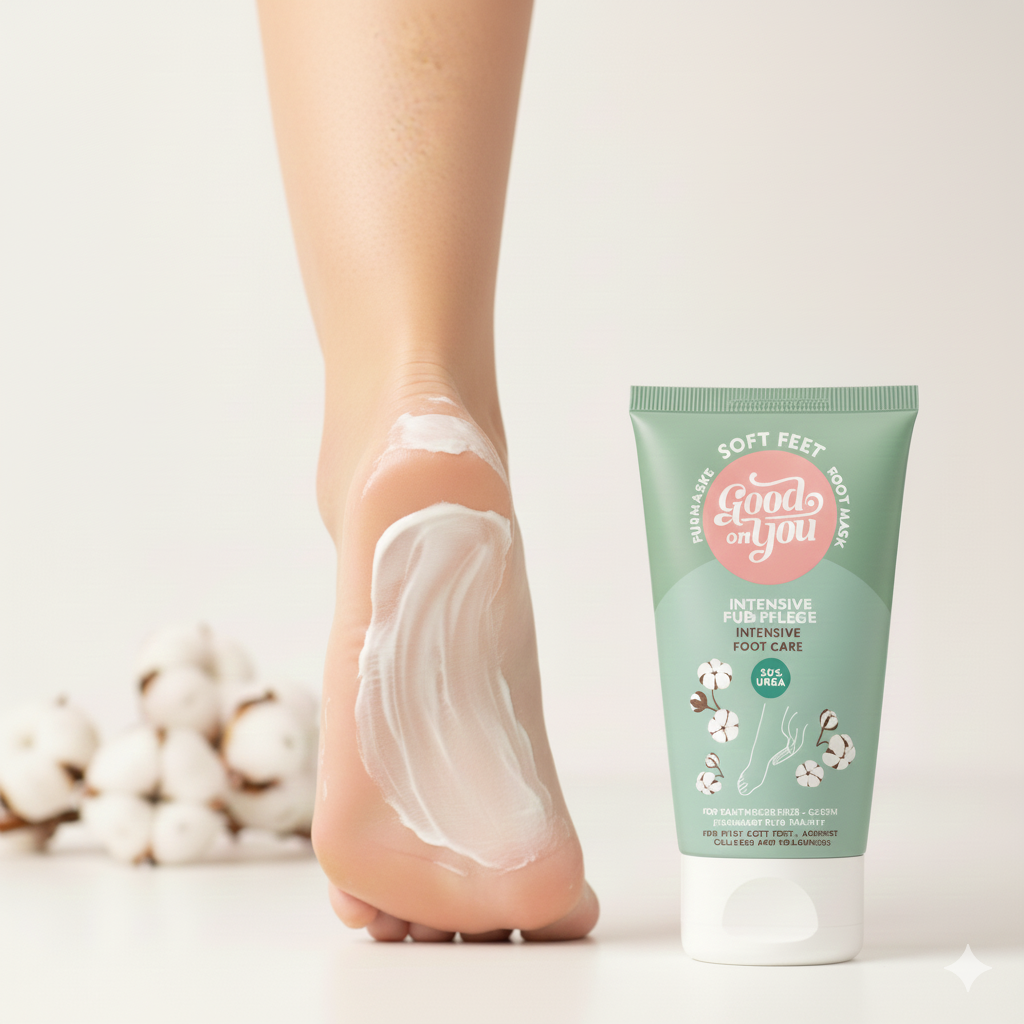 Intensive Fußmaske von BEN&ANNA für sofort weiche, geschmeidige Füße, sichtbar auf der Maske für trockene Haut und Risse.