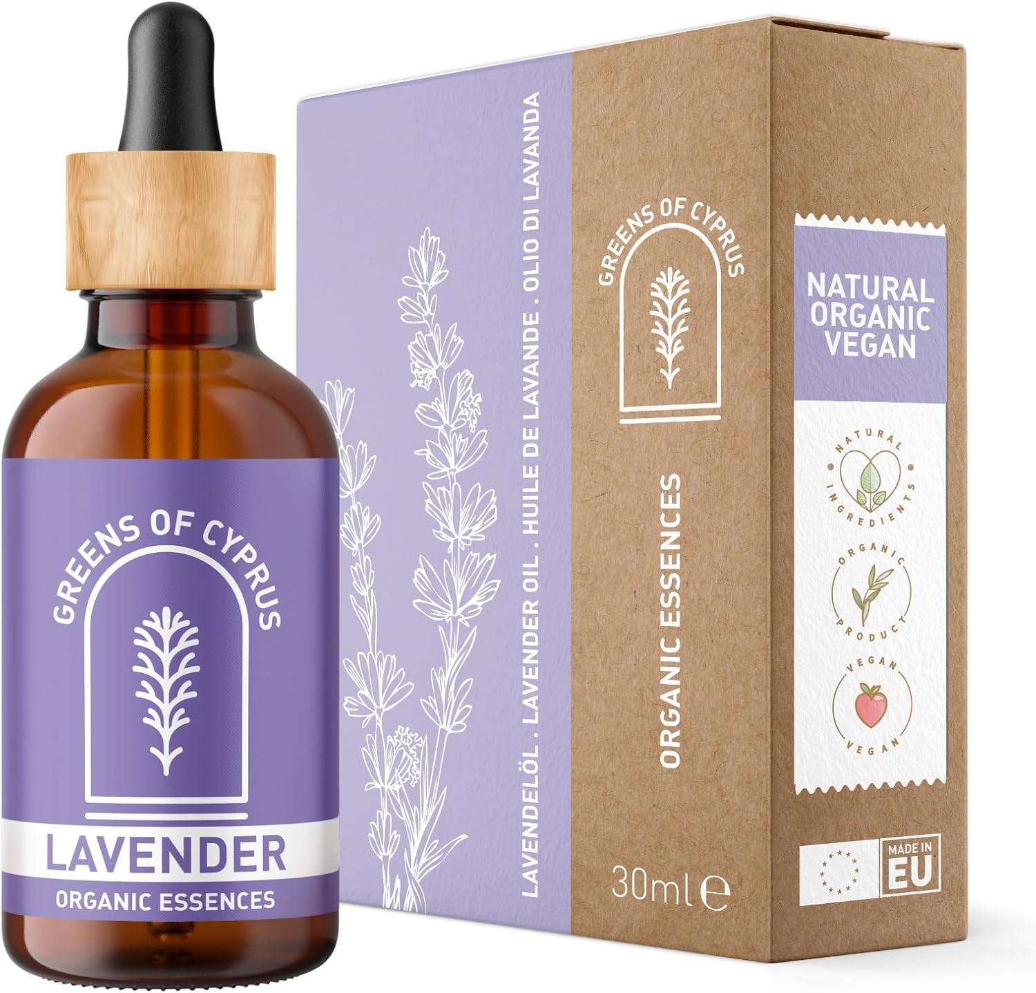 Bio Lavendelöl von Greens of Cyprus in einer Glasflasche mit Lavendelblüten und Tropfverschluss, natürlicher Duft, 100 % Bio Qualität