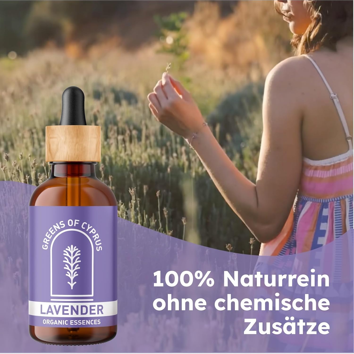 Ätherisches Lavendelöl von Greens of Cyprus, 100 % Bio, in einer dunklen Flasche auf weißem Hintergrund sichtbar.