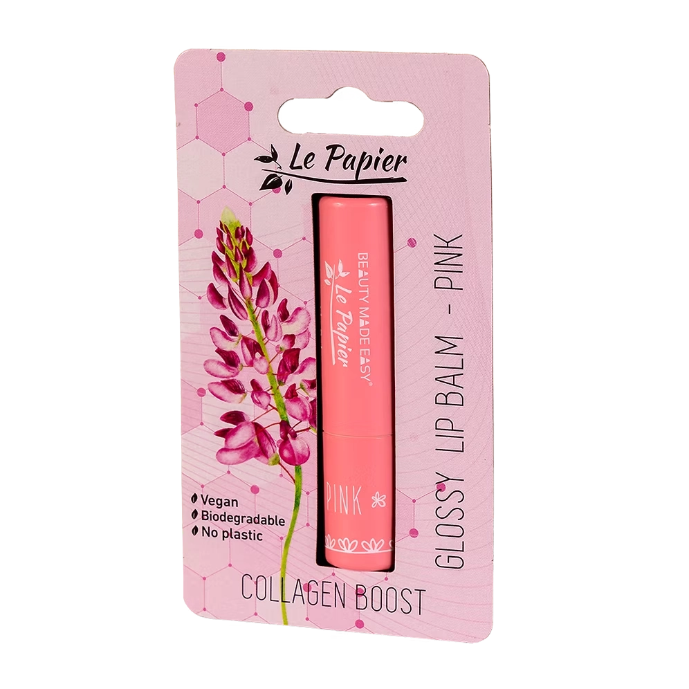 Glossy Lip Balm mit Collagen in pinker Papertube, pflegender Lippenbalsam von BeautyMadeEasy, glänzende Textur und natürliche Pflege
