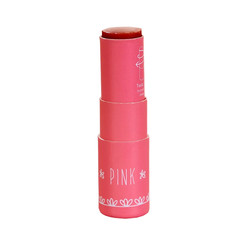 Glänzender pinker Lippenbalsam mit Kollagen in einer Papptube von BeautyMadeEasy, gepflegt und feucht machend.