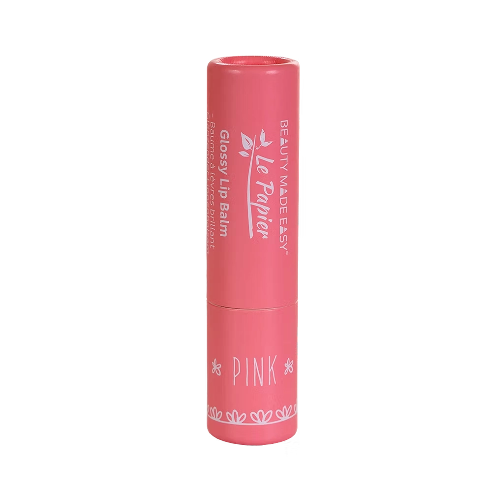 Glänzender pinker Lippenbalsam mit Kollagen in einer Papierhülse von BeautyMadeEasy, pflegt und spendet Feuchtigkeit für die Lippen.