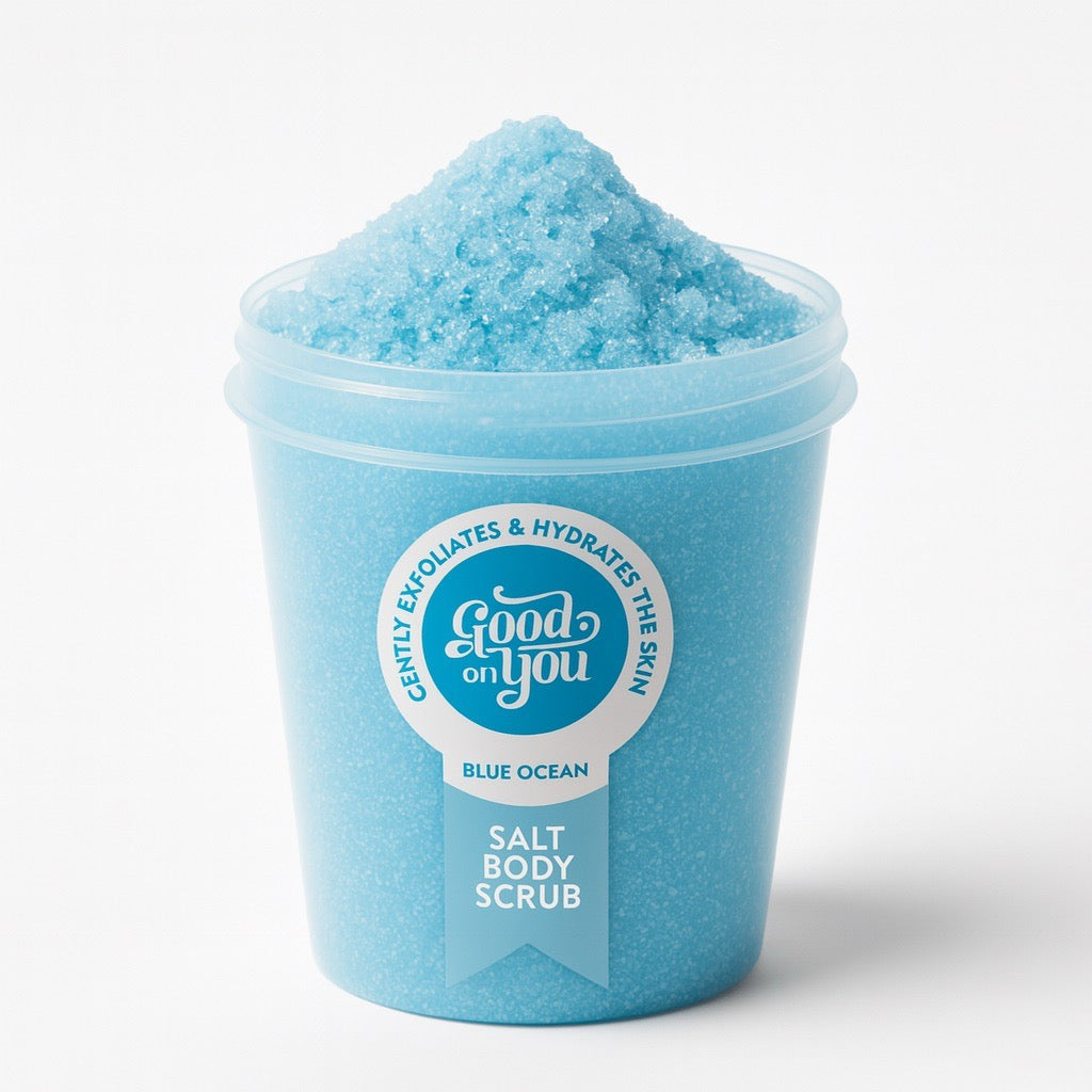 Ben&Anna Salz-Körperpeeling Blue Ocean mit Meersalz und blauer Textur für glatte Haut, Nahaufnahme des Produkts