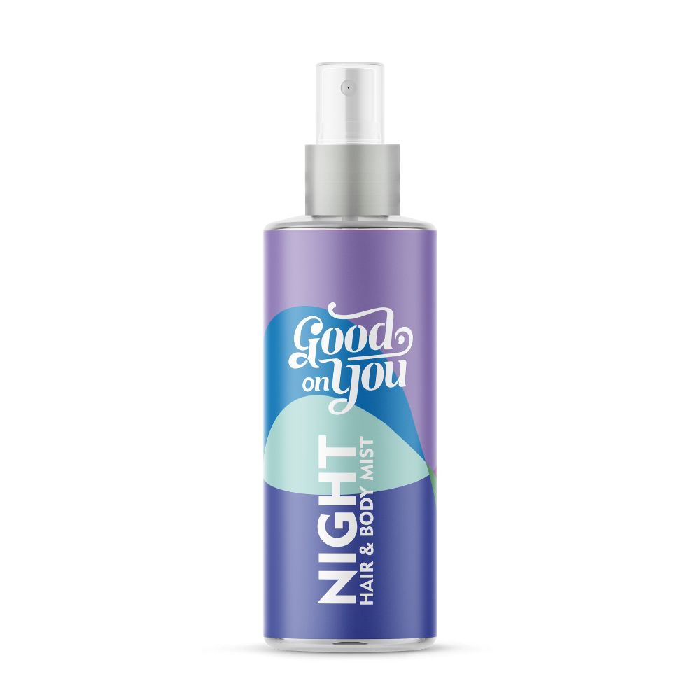 NIGHT Hair & Body Mist von Good on you, leichter Duft, Sprayflasche, zeigt das Produkt auf einem weißen Hintergrund.