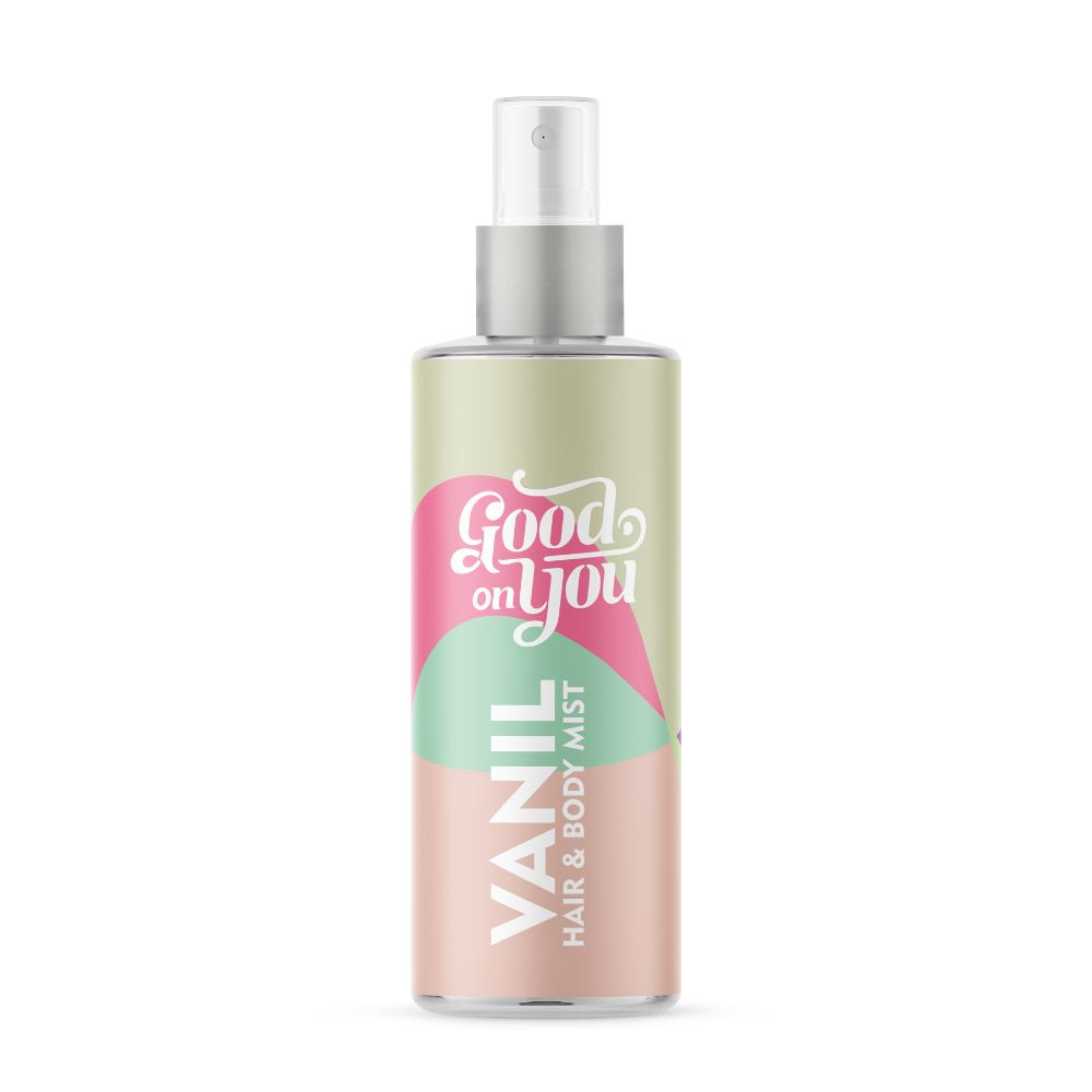 VANIL Hair & Body Mist von Good on you, mit Vanille-Duft, sprühfähiges Spray für Haar und Haut, in eleganter Flasche.