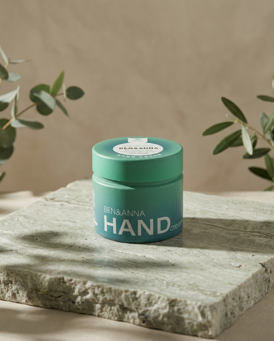 Ben & Anna Intensive Care Handcreme 50ml auf einer Steinplatte im Sonnenlicht, umrahmt von grünen Zweigen