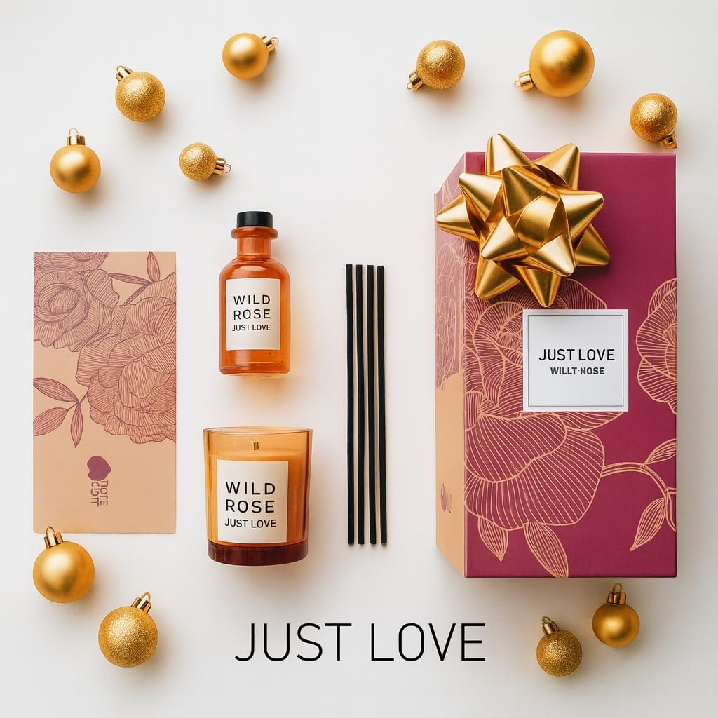 Ben&Anna Duftkerze und Raumduft Rose im Geschenkset, stilvolle Verpackung, kleine Kerze und Flasche mit floralem Duft.