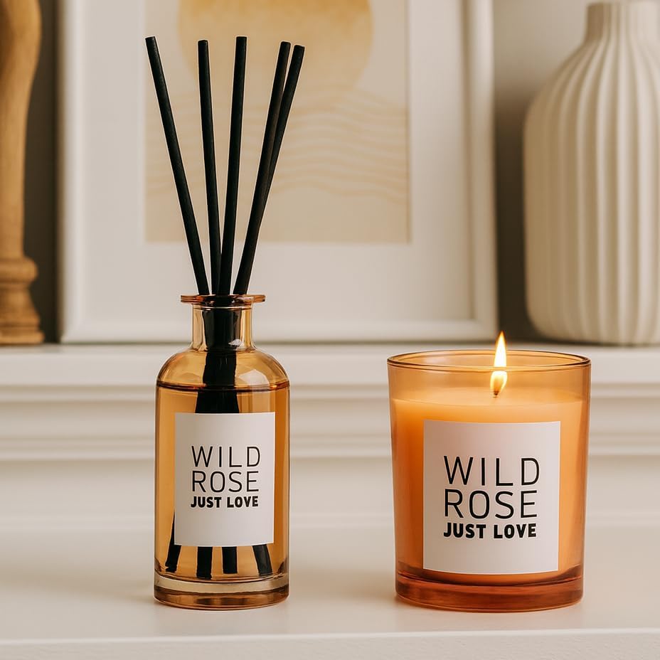 Ben&Anna Duftkerze und Raumduft Rose im Geschenkset, stilvoll präsentierte Raumdüfte und Kerze in eleganter Verpackung