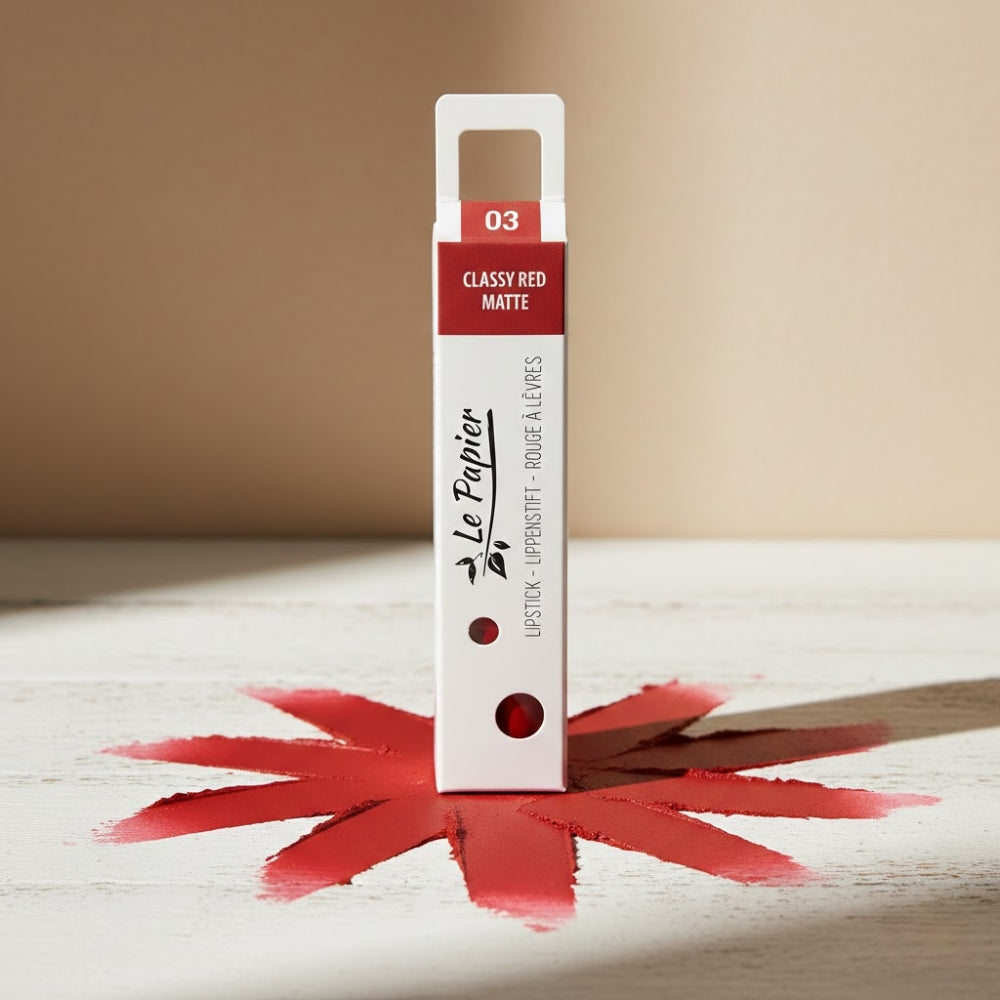 Matte Lippenstift in roter Papptube, CLASSY RED 03 von BeautyMadeEasy, mit sichtbarer Hülle und Lippenstiftspitze.