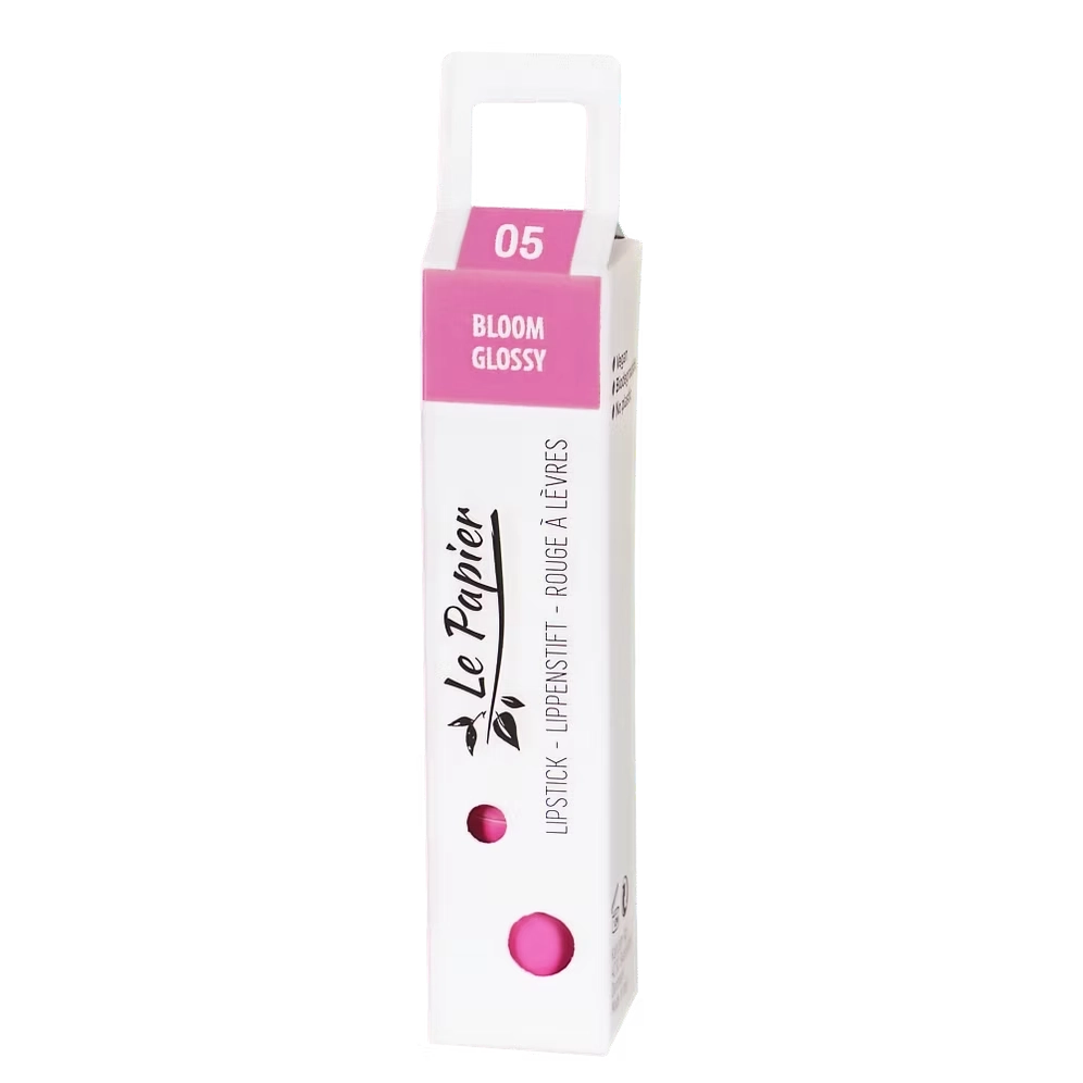 Leichter, glänzender Lippenstift in Papierhülse BLOOM 05 GLOSSY von BeautyMadeEasy, mit schimmernder Textur und eleganter Verpackung
