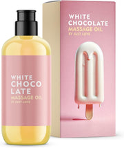 Sinnliches Massageöl von Just Love mit Duft nach weißer Schokolade, flüssige Textur in einer eleganten Flasche.