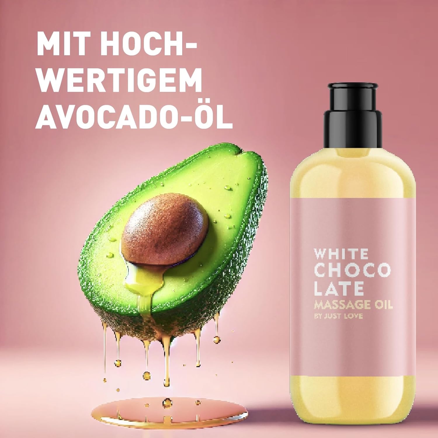 Sinnliches Massageöl von Just Love mit weißer Schokolade Duft, flüssige Textur in einer eleganten Flasche, ideal für romantische Momente