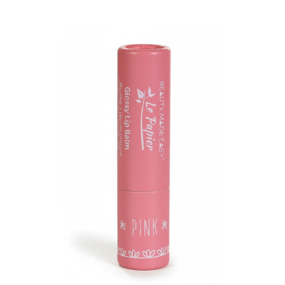 Glänzender pinker Lip Balm mit Collagen in umweltfreundlicher Papertube von BeautyMadeEasy, sichtbar auf der Verpackung.