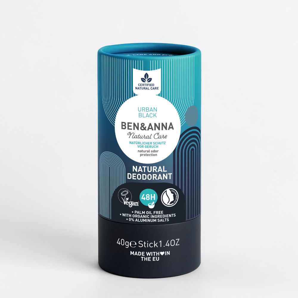 Papertube Deo Urban Black von BEN&ANNA, umweltfreundliche Deocreme in schwarzer Papierverpackung, nachhaltiges Deodorant.