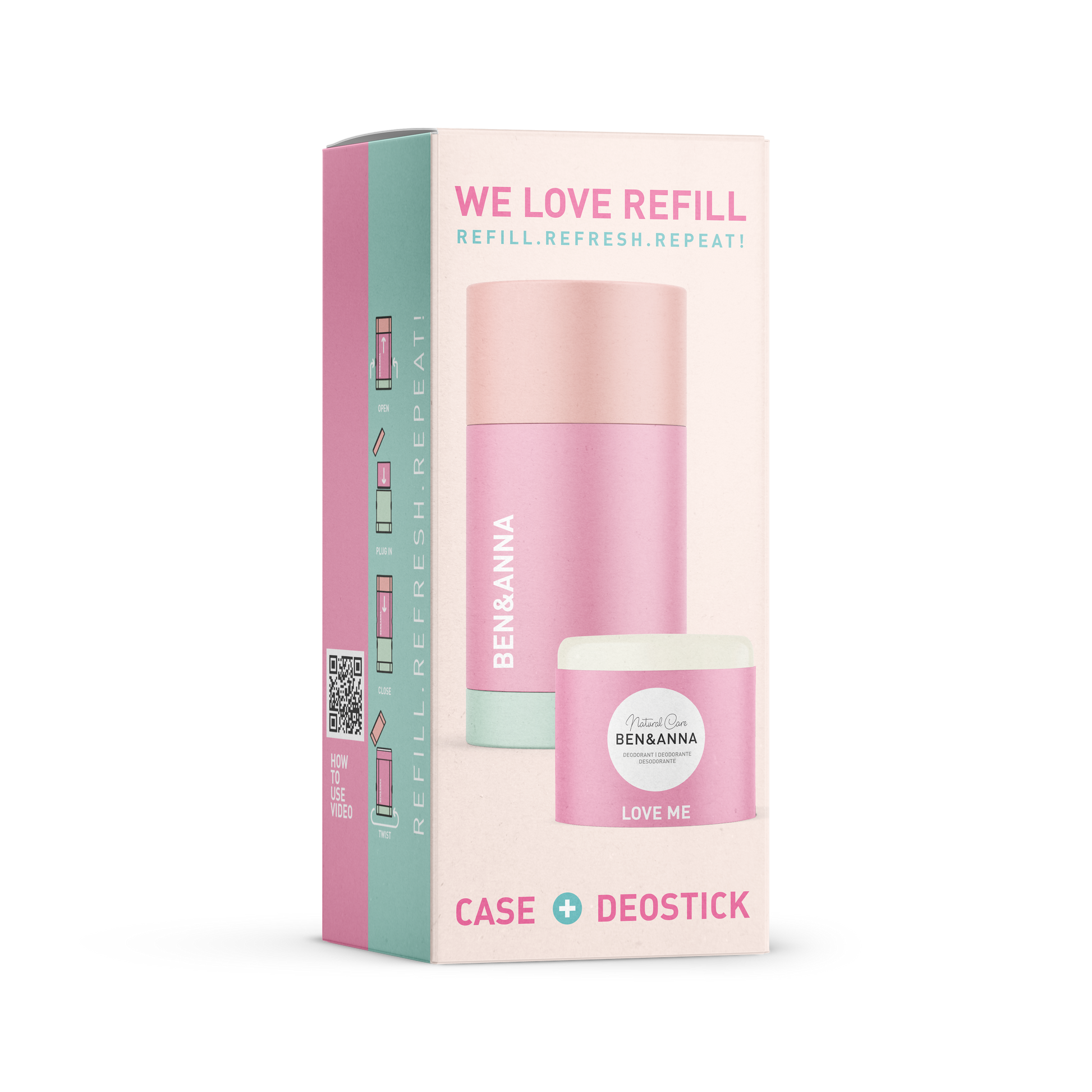 Nachfüllhülse und Deostick Refill "Love Me" von BEN&ANNA in leerer Nachfüllbox, ohne Haken, für umweltfreundliche Anwendung