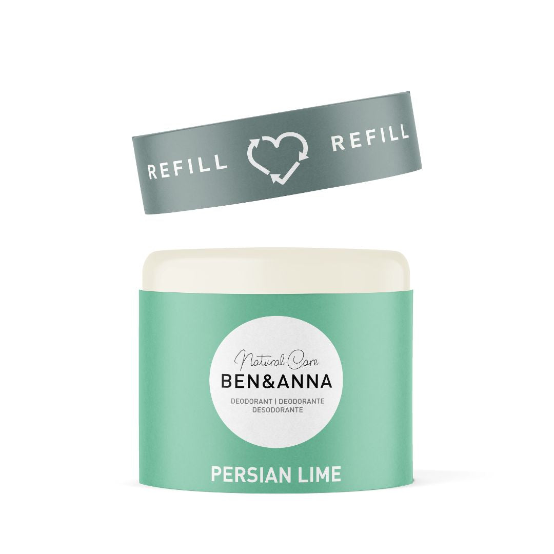 Refill-Case und Deostick Refill "Persian Lime" von BEN&ANNA, offene Verpackung mit frischem Limettenduft.