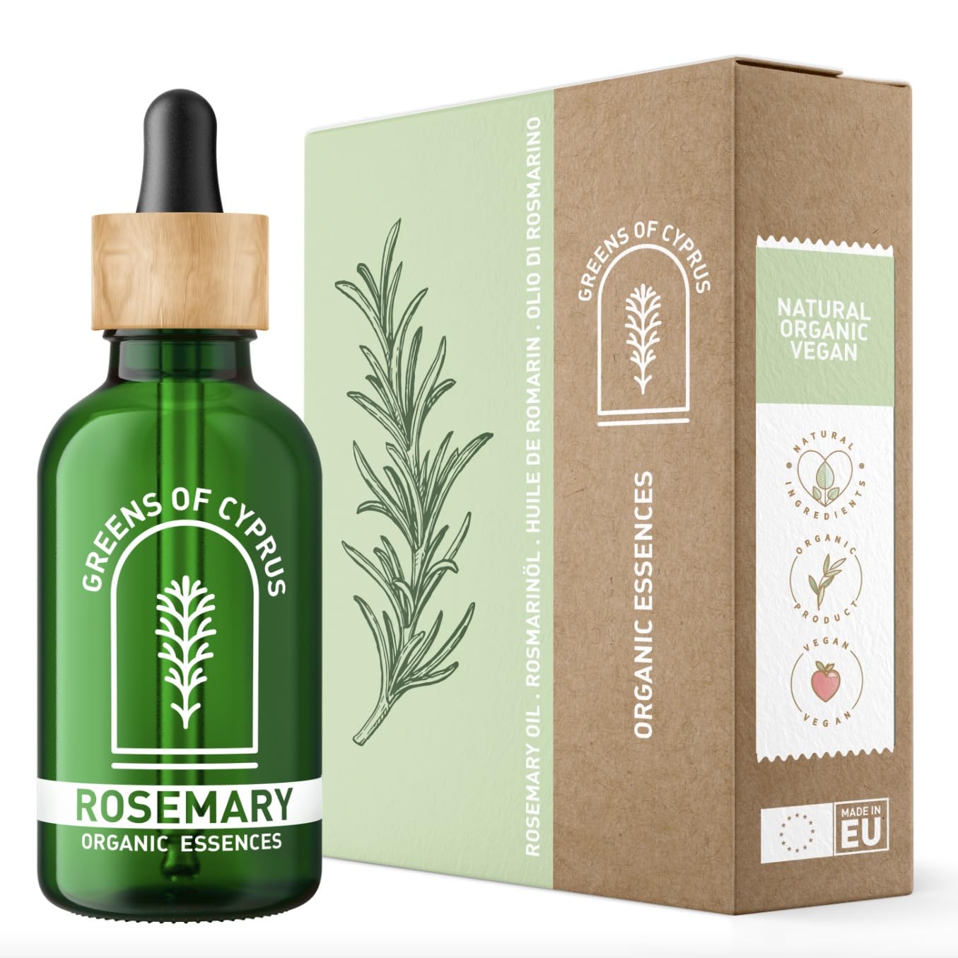 Natürliches Bio-Rosmarinöl von Greens of Cyprus, Flasche mit frischem Rosmarinöl für Aromatherapie und Hautpflege.