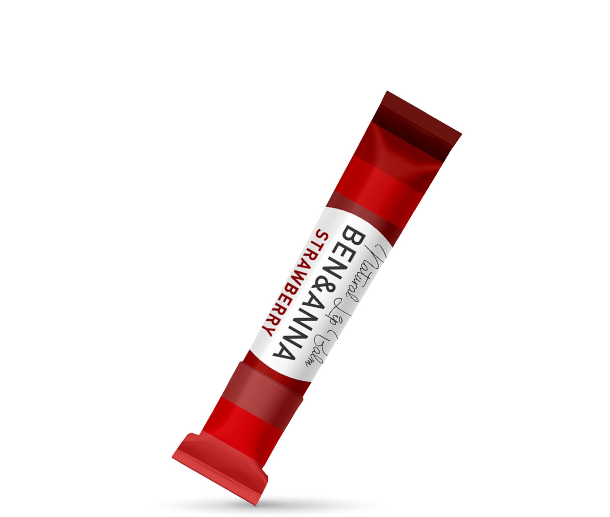 Ben&Anna Natürlicher Lippenbalsam Erdbeere, pflegt und befeuchtet die Lippen, sichtbar in der schief vertikalen Verpackung.