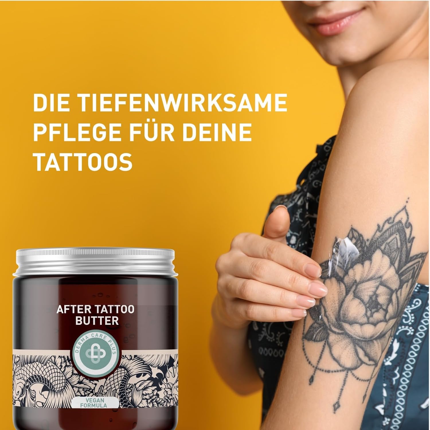 Vegane Tattoo-Pflege mit Panthenol und Vitaminen, BEN&ANNA After Tattoo Butter in einer Cremeverpackung.