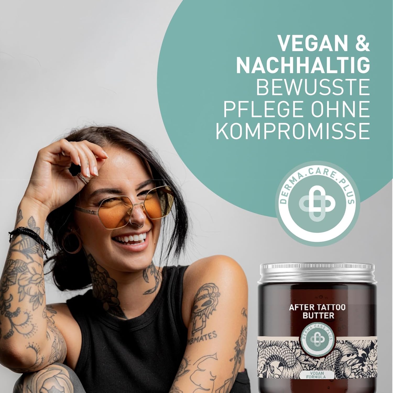 Vegane Tattoo-Creme von BEN&ANNA mit Panthenol, Vitaminen A, C und E zur Pflege nach Tätowierungen, in einer weißen Tube.