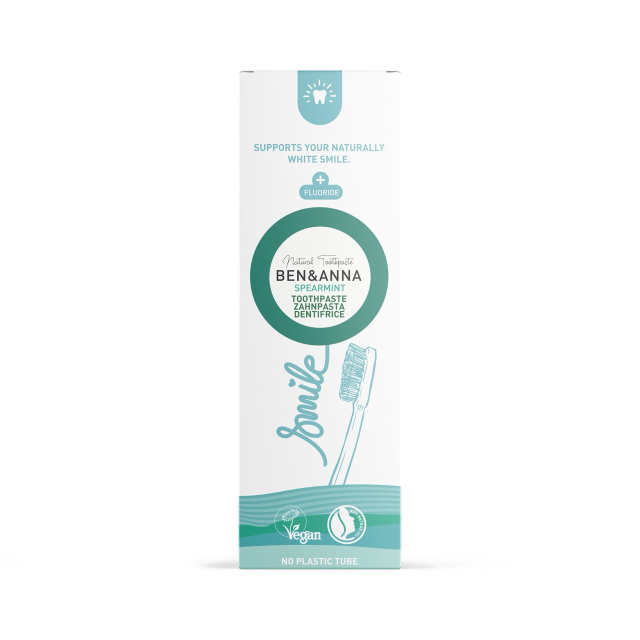 Ben&Anna Zahnpasta Tube mit Spearmint-Geschmack und Fluorid in umweltfreundlicher Aluminiumverpackung, frischer Mint-Duft