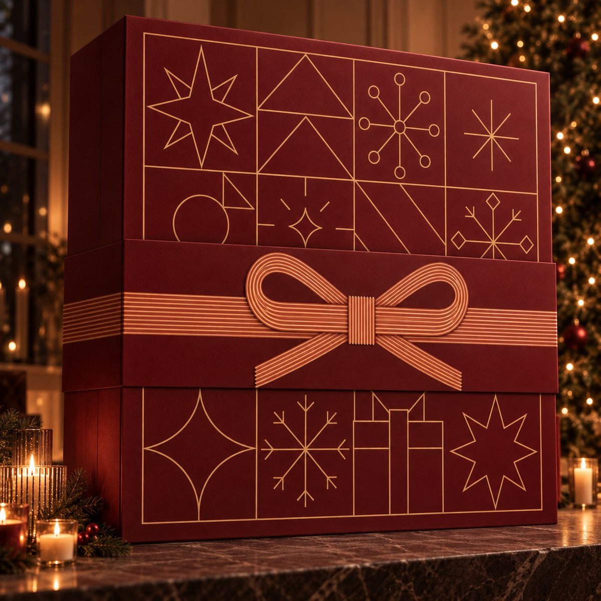 Ben & Anna Adventskalender 2026 – geschlossene Geschenkbox in Bordeaux mit goldenen Details