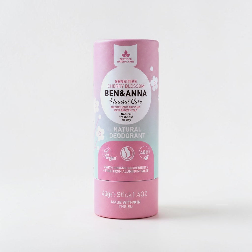 Ben & Anna Deo Papertube Sensitive Cherry Blossom, 40 g Stick in der Papertube – aluminiumfreies Naturdeo für empfindliche Haut, vegan und NATRUE-zertifiziert