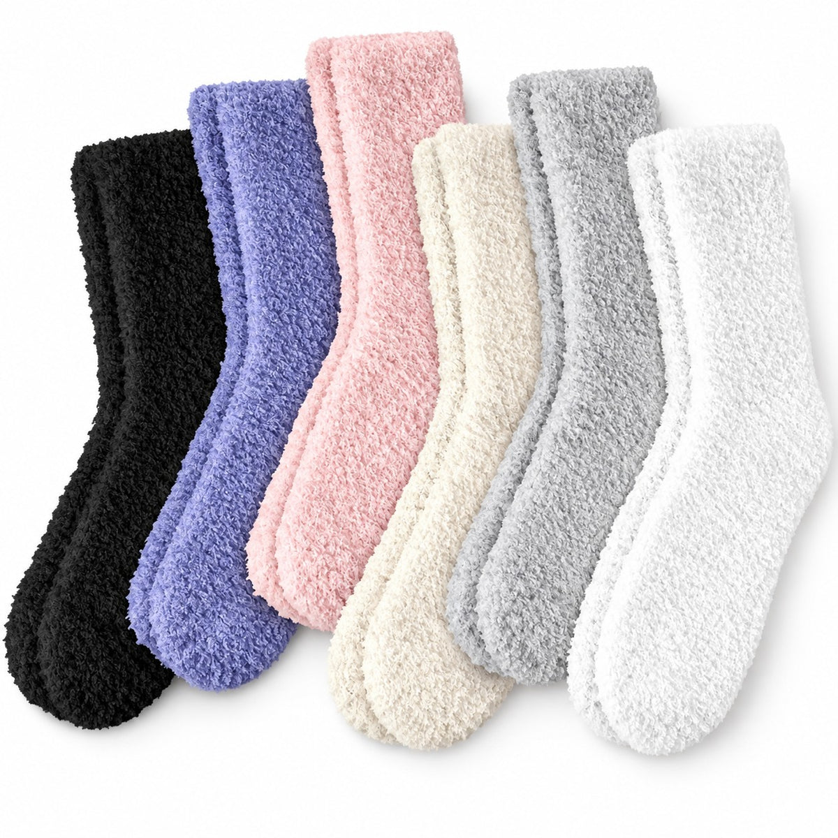 Flauschige Kuschelsocken in möglichen Farbvarianten: Schwarz, Lila, Rosa, Creme, Grau, Weiß