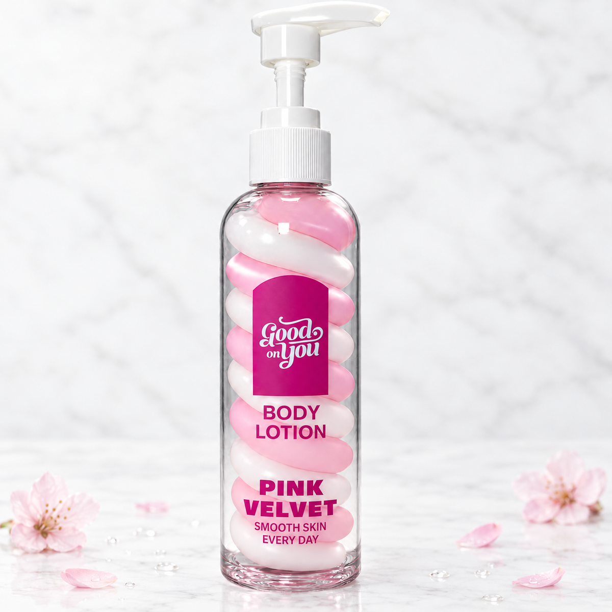 Good on You Body Lotion Pink Velvet mit Kirschblüten auf Marmor