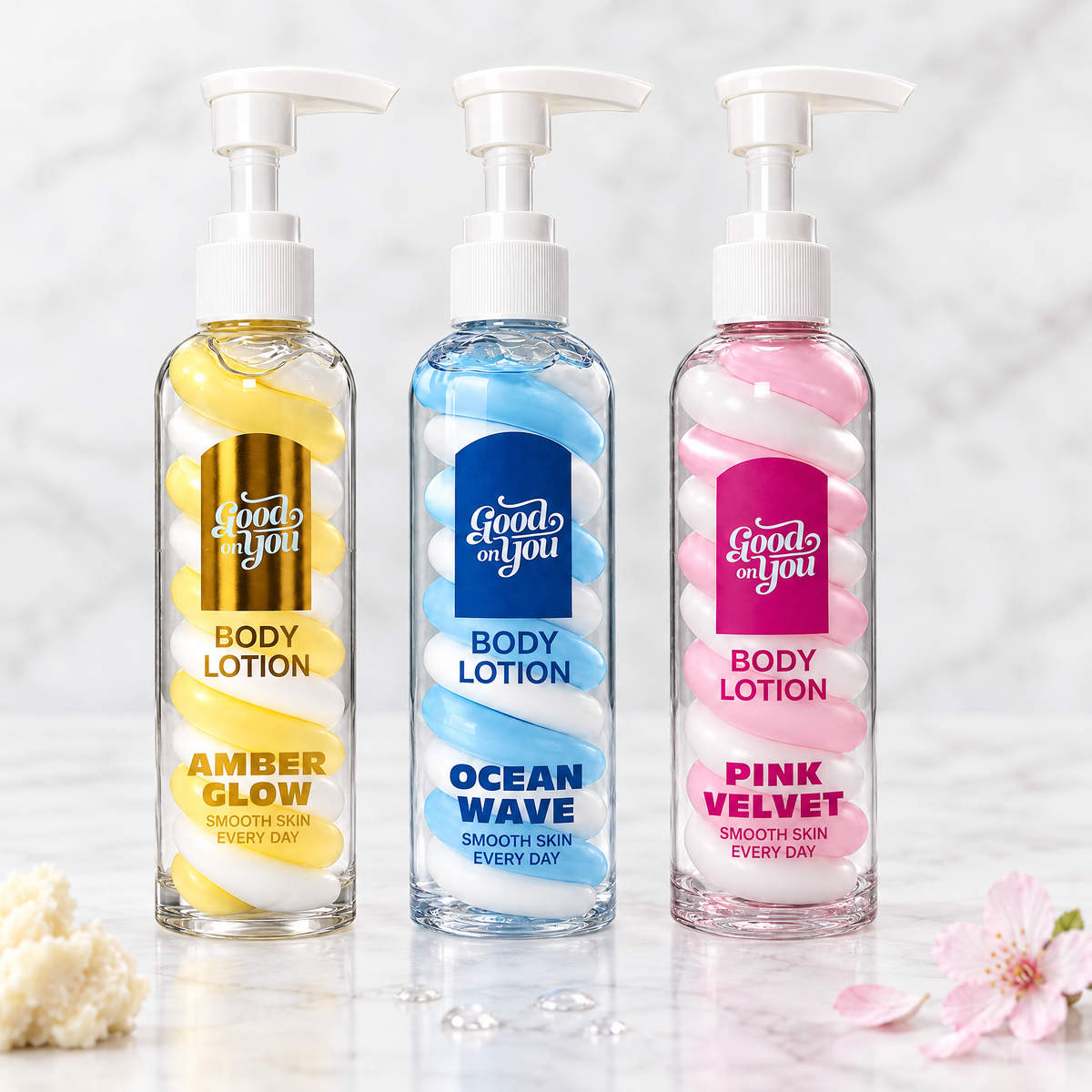 Good on You Swirl Body Lotion Trio: Amber Glow, Ocean Wave und Pink Velvet auf Marmor