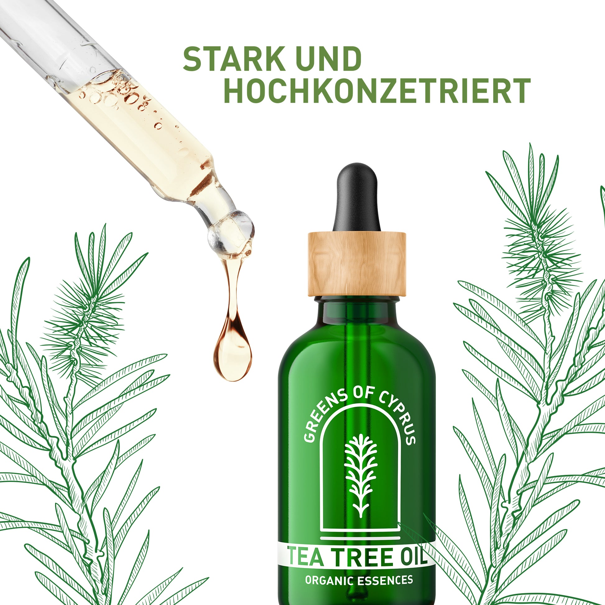 Hochkonzentriertes Teebaumöl von Greens of Cyprus, 100% Bio, in einer dunklen Flasche, ideal für Haut- und Haarpflege.