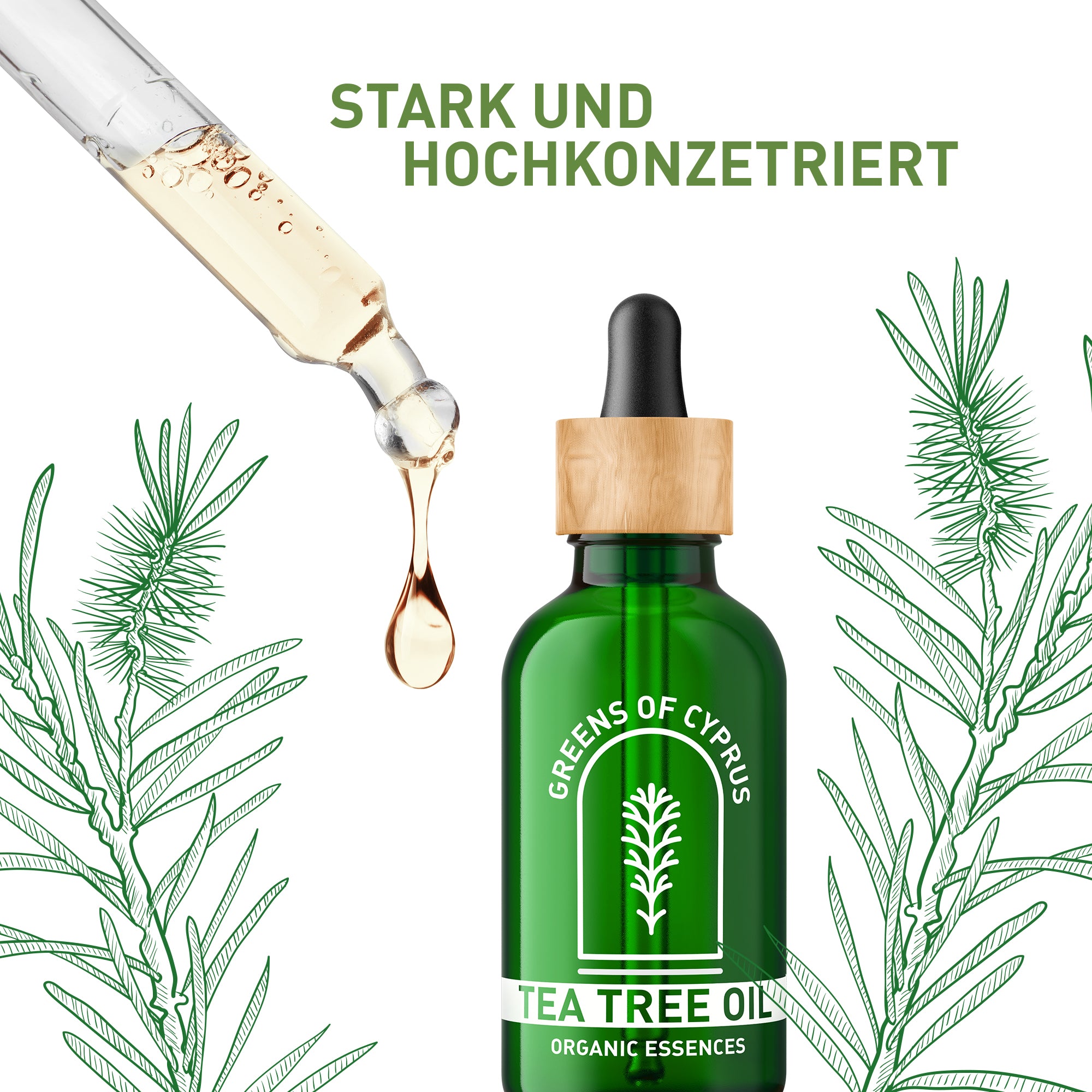 Hochkonzentriertes Teebaumöl von Greens of Cyprus, 100% Bio, in einer dunklen Flasche, ideal für Haut- und Haarpflege.