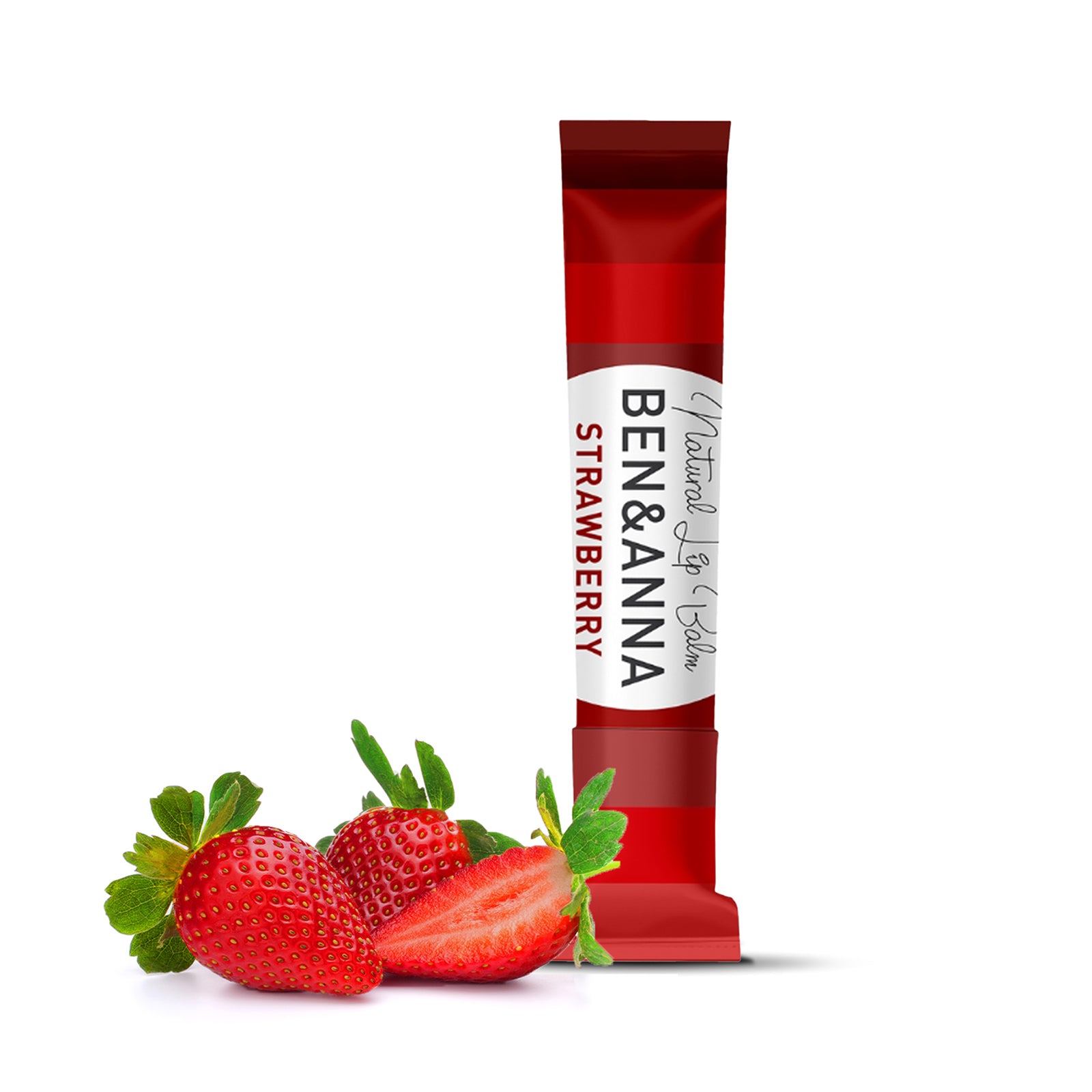 Ben&ANNA natürlicher Lippenbalsam Erdbeere in Stickform, vertikal, mit fruchtigem Design auf der Verpackung