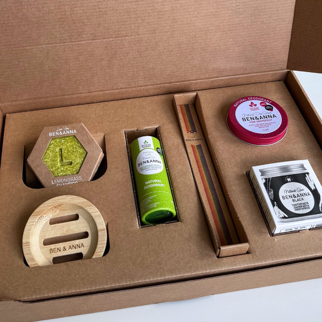 Nachhaltige Geschenkbox von BEN&ANNA mit umweltfreundlichen Verpackungsmaterialien, ideal für umweltbewusste Geschenke